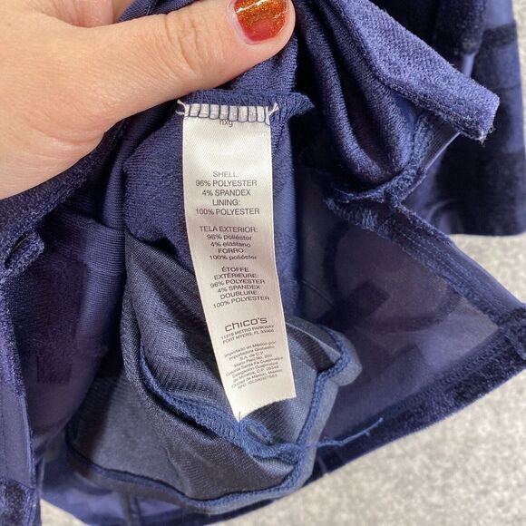 Chico's Blouse Women M Medium Blue Geometric Round Neck Lined 3/4 Sleeve Velvet - Picture 6 of 9